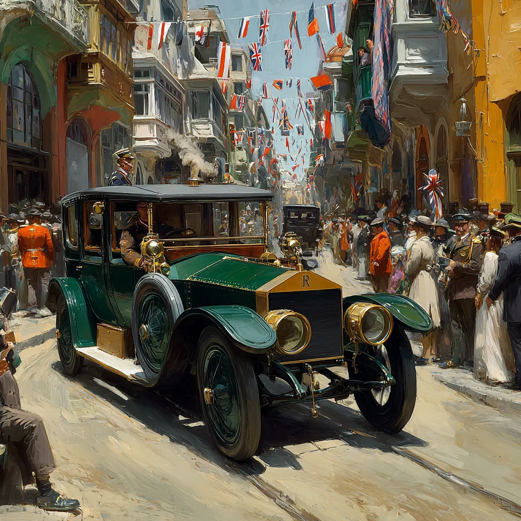 Vintage early 1900s automobile on cobblestone street with crowds and international flags