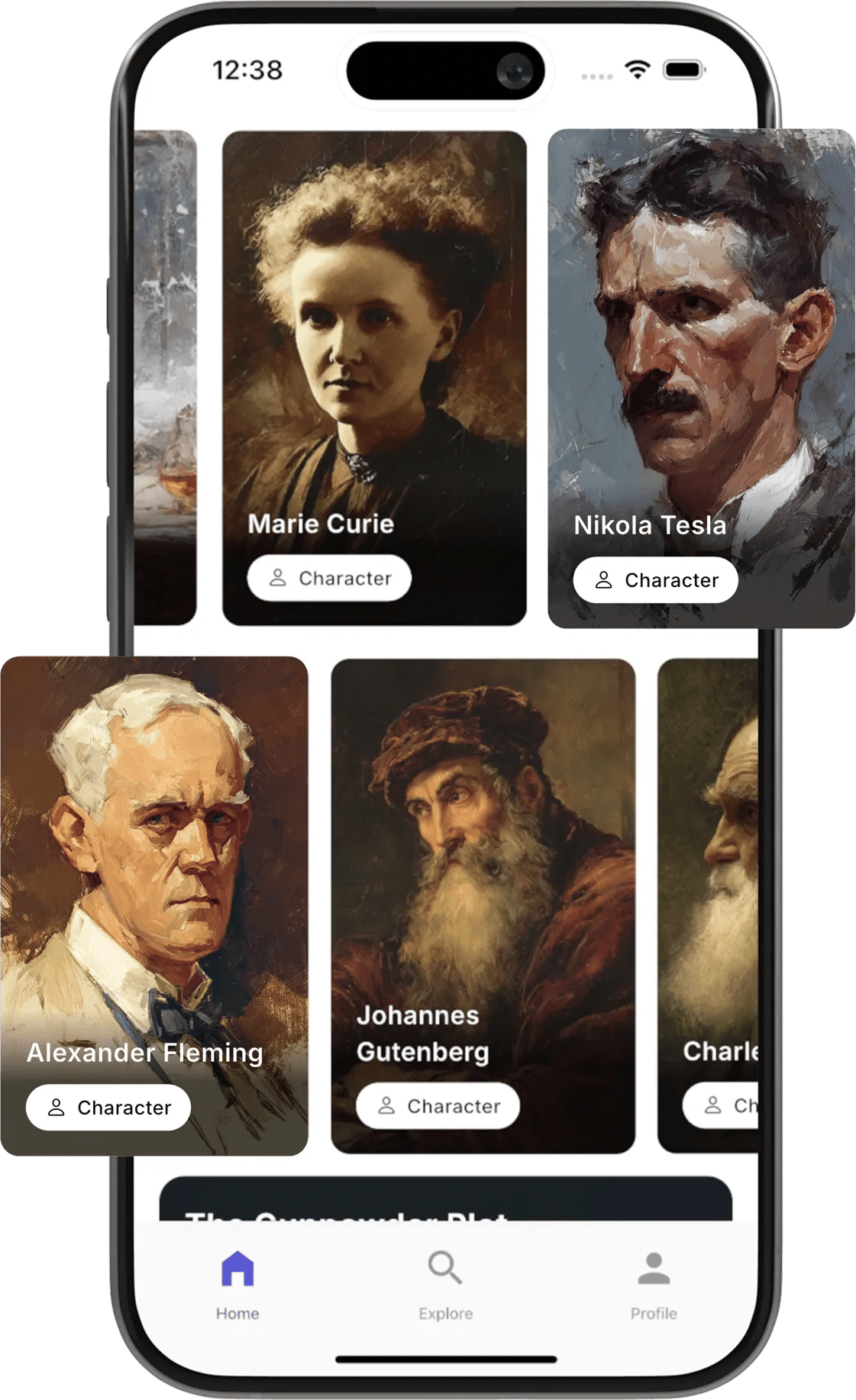 Chunks character cards for historical figures including Marie Curie and Nikola Tesla